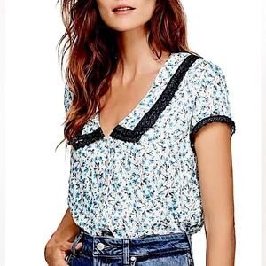 Free people Ana Lace-Trim Floral Print Blouse navy and cream L